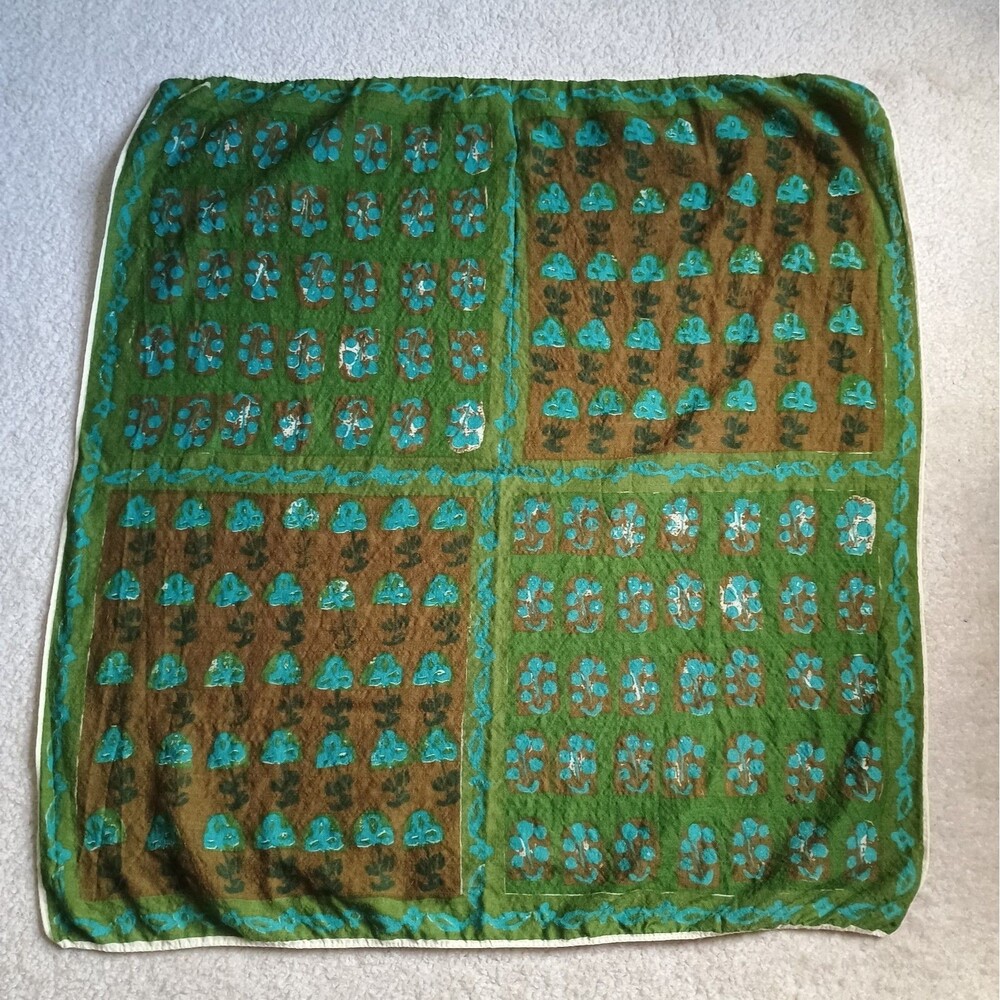 Vera Neumann Silk Scarf Green Brown Blue Floral Square 29" Vintage 70s